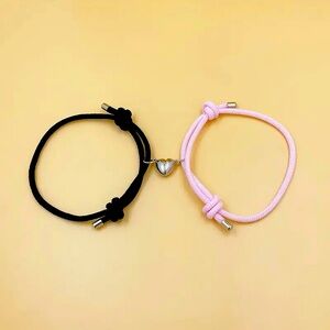2pcs Couple Bracelet Set with Heart Magnetic Buckle - pink/black-Polyester